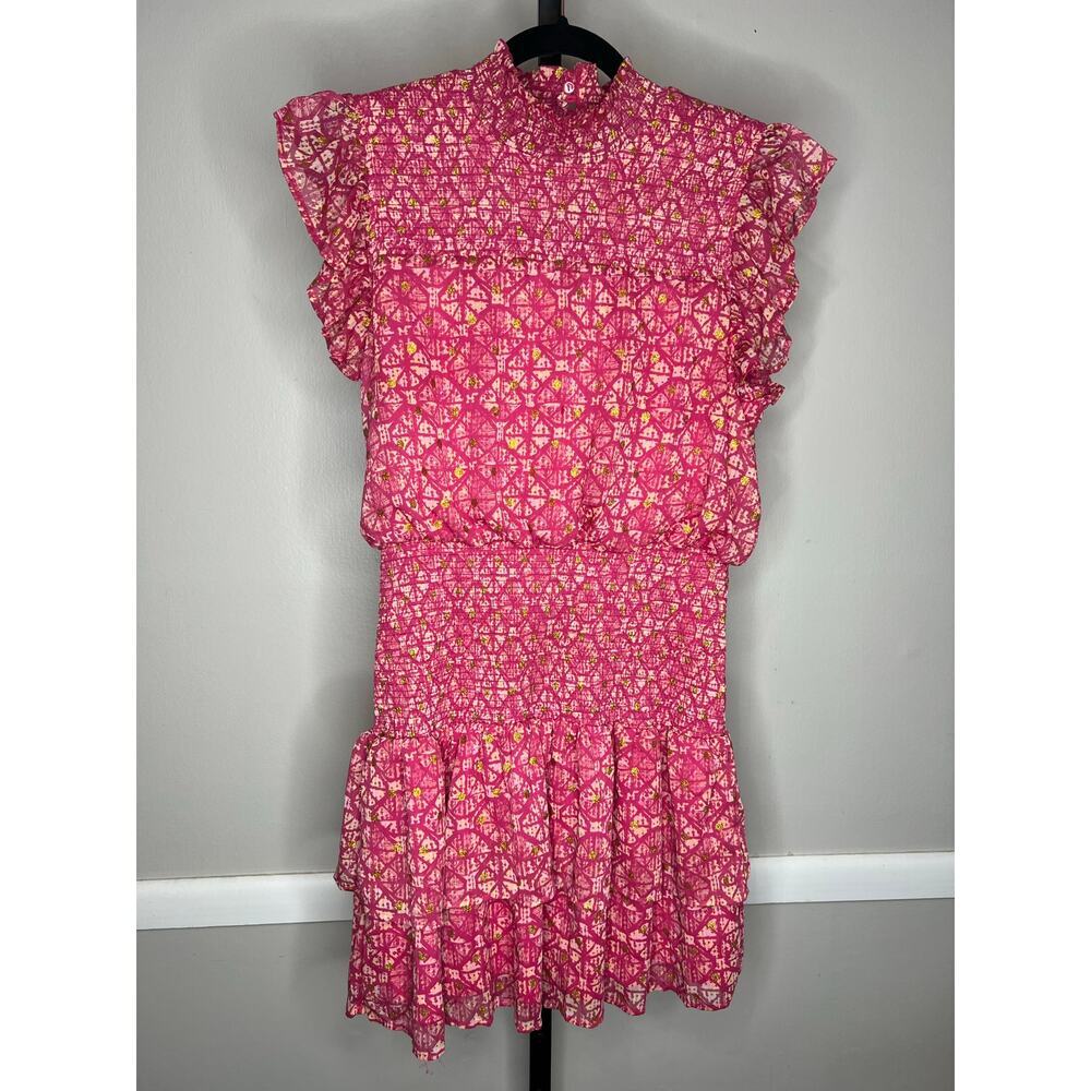 Aqua Pink Smocked Ruffle Mini Dress Gold Dot Floral Sleeveless Size L - Picture 4 of 6